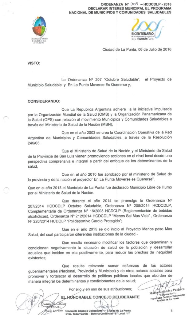 thumbnail of ORDENANZA N°309 – VIGENTE-HCDCDLP-2016-DECLARAR INTERES MUNICIPAL EL PROGRAMA NACIONAL DE MUNICIPIOS Y COMUNIDADES SALUDABLES