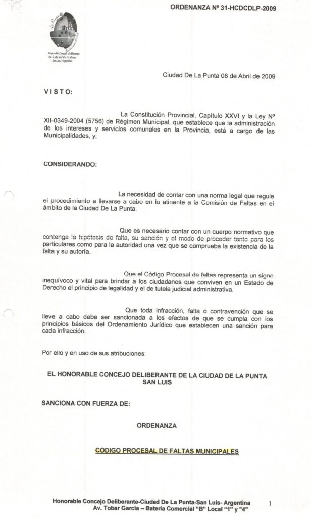 thumbnail of ORDENANZA N°31-NO VIGENTE-HCDCDLP-2009- CODIGO PROCESAL DE FALTA