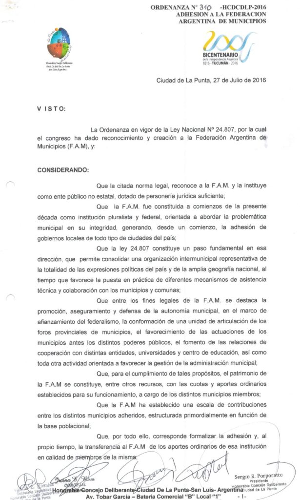 thumbnail of ORDENANZA N°310- VIGENTE-HCDCDLP-2016- ADHESION A LA FEDERACION ARGENTINA DE MUNICIPIOS