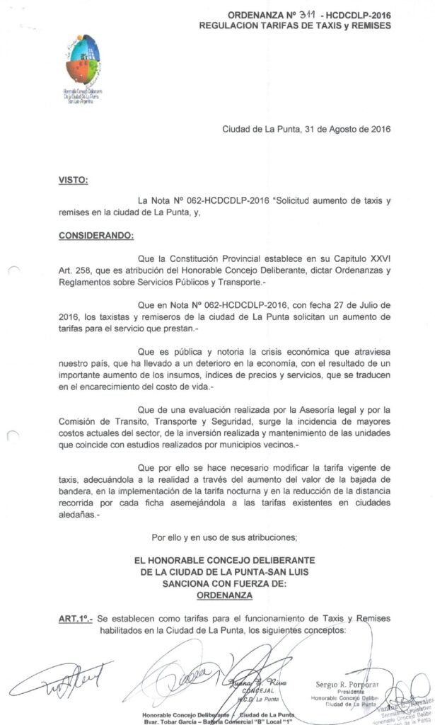 thumbnail of ORDENANZA N°311 -NO VIGENTE-HCDCDLP-2016- REGULACION DE TARIFAS DE TAXIS Y REMISES