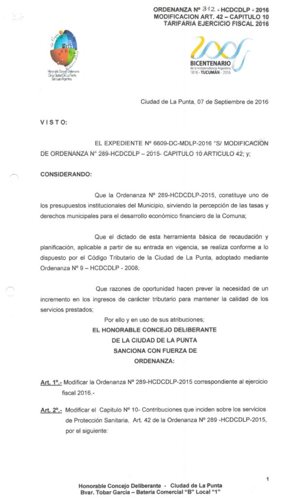 thumbnail of ORDENANZA N°312 -NO VIGENTE-HCDCDLP-2016-MODIFICACION ART.42-CAPITULO 10 TARIFARIA EJERCICIO FISCAL 2016