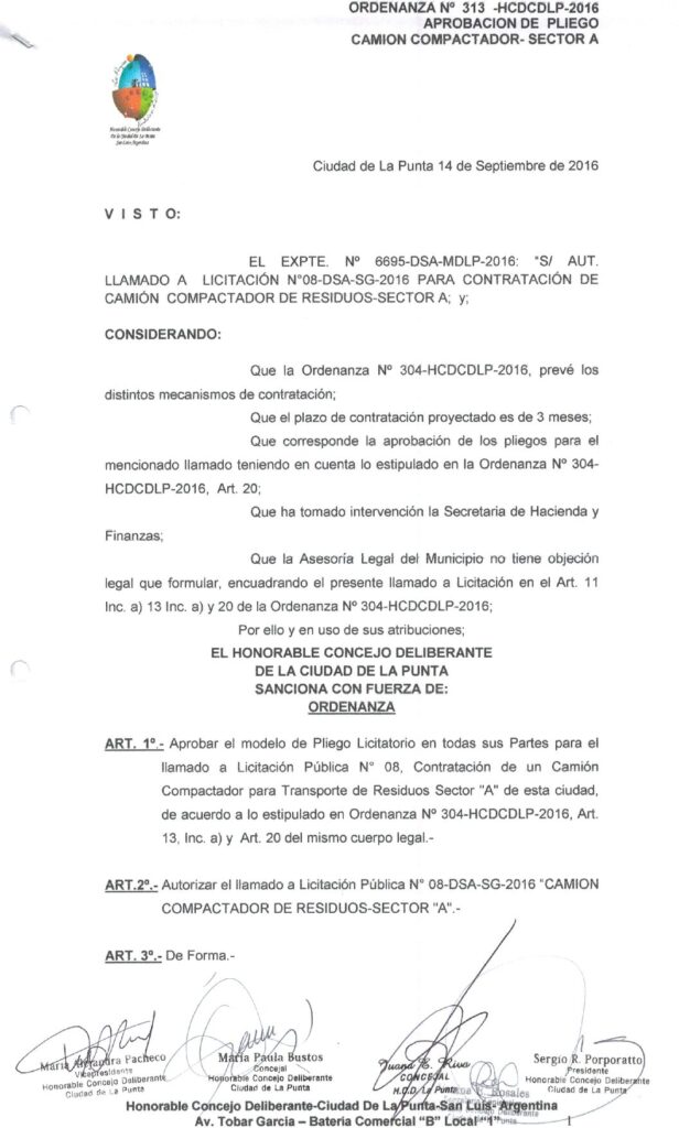 thumbnail of ORDENANZA N°313-NO VIGENTE-HCDCDLP-2016- APROBACION DE PLIEGO CAMION COMPACTADOR-SECTOR A