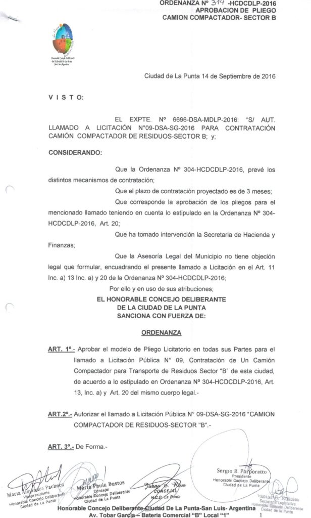 thumbnail of ORDENANZA N°314-NO VIGENTE-HCDCDLP-2016- APROBACION DE PLIEGO CAMION COMPACTADOR-SECTOR B