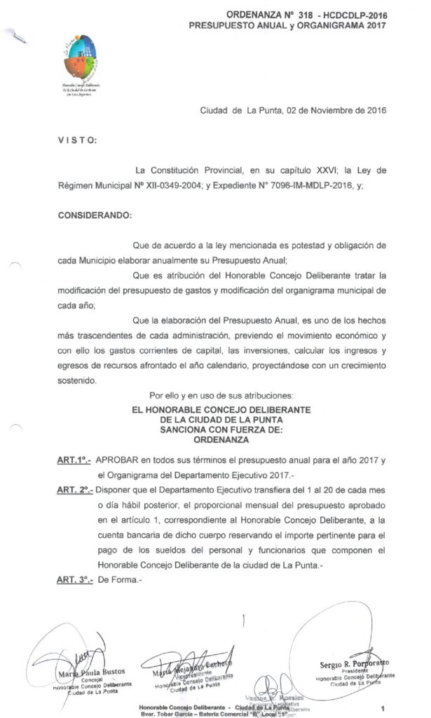 thumbnail of ORDENANZA N°318-NO VIGENTE-HCDCDLP-2016- PRESUPUESTO ANUAL Y ORGANIGRAMA 2017