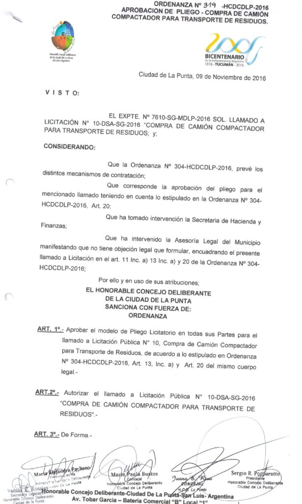 thumbnail of ORDENANZA N°319-NO VIGENTE-HCDCDLP-2016- APROBACION DE PLIEGO-COMPRA DE CAMION COMPACTADOR PARA TRANSPORTE DE RESIDUOS
