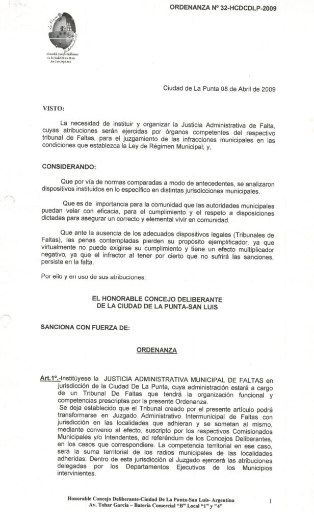 thumbnail of ORDENANZA N°32 -VIGENTE-HCDCDLP-2009-TRIBUNAL DE FALTA