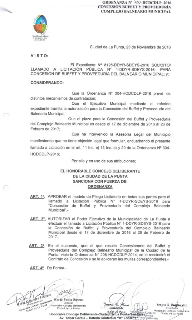 thumbnail of ORDENANZA N°320-NO VIGENTE-HCDCDLP-2016- CONCESION BUFFET Y PROVEEDURIA COMPLEJO BALNEARIO MUNICIPAL