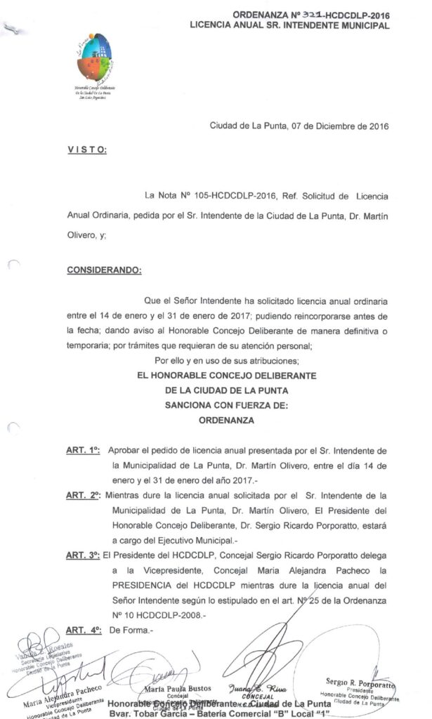 thumbnail of ORDENANZA N°321-NO VIGENTE-HCDCDLP-2016- LICENCIA ANUAL SR. INTENDENTE MUNICIPAL.