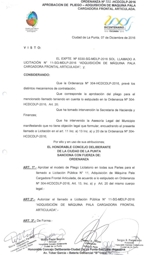 thumbnail of ORDENANZA N°322-NO VIGENTE-HCDCDLP-2016- APROBACION DE PLIEGO-ADQUISICION DE MAQUINA PALA CARGADORA FRONTAL ARTICULADA.