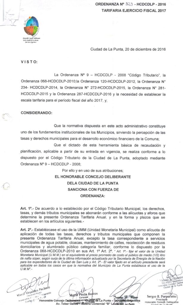 thumbnail of ORDENANZA N°323-NO VIGENTE-HCDCDLP-2016- TARIFARIA EJERCICIO FISCAL 2017