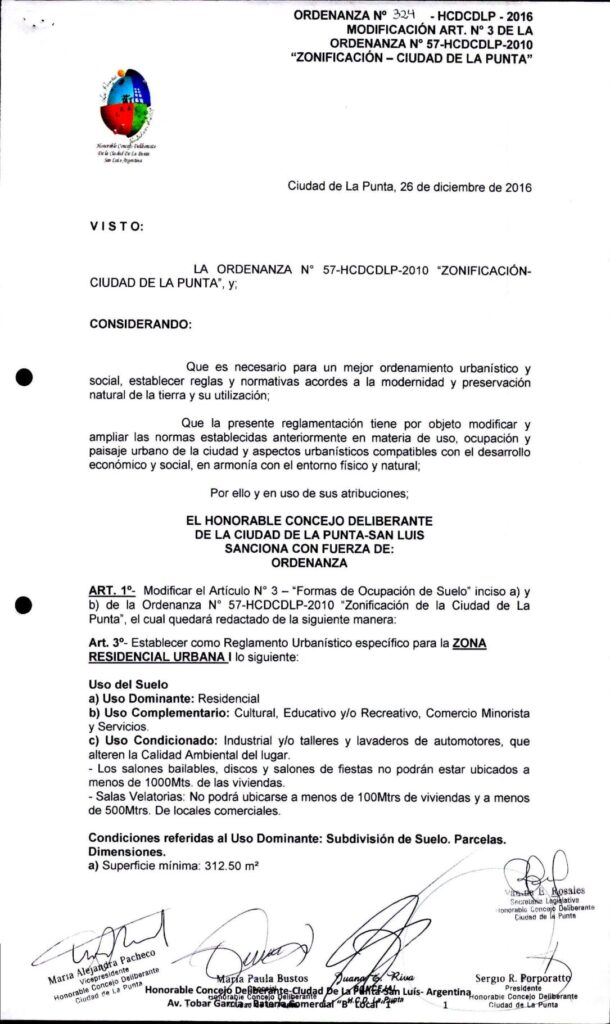 thumbnail of ORDENANZA N°324- VIGENTE-HCDCDLP-2016 – MODIFICACION ARTICULO N° 3 DE LA ORDENANZA N° 57 – HCDCDLP – 2010 ZONIFICACION – CIUDAD DE LA PUNTA