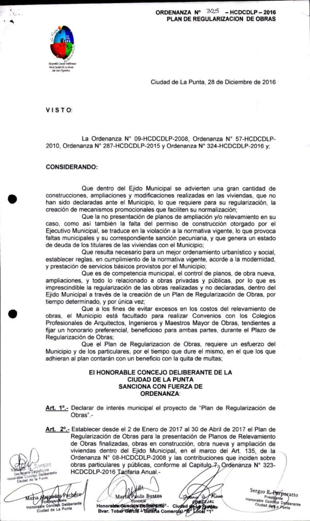 thumbnail of ORDENANZA N°325 – VIGENTE-HCDCDLP-2016-PLAN DE REGULARIZACION DE OBRAS