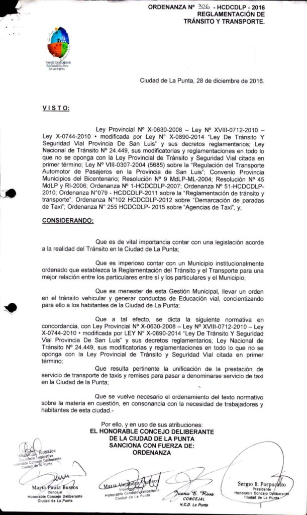 thumbnail of ORDENANZA N°326 -NO VIGENTE-HCDCDLP-2016- REGLAMENTACION DE TRANSITO Y TRANSPORTE