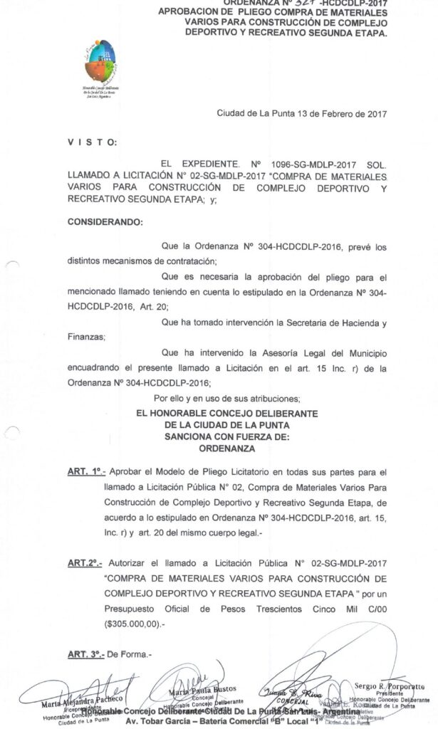 thumbnail of ORDENANZA N°327-NO VIGENTE-HCDCDLP-2017- APROBACION DE PLIEGO COMPRA MATERIALES VARIOS PARA CONSTRUCCION DE COMPLEJO DEPORTIVO Y RECREATIVO SEGUNDA ETAPA.