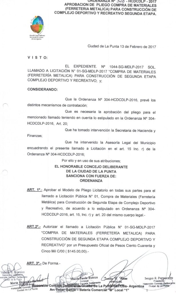 thumbnail of ORDENANZA N°328-NO VIGENTE-HCDCDLP-2017- APROBACION DE PLIEGO COMPRA MATERIALES (FERRETERIA METALICA)PARA CONSTRUCCION DE COMPLEJO DEPORTIVO Y RECREATIVO SEGUNDA ETAPA