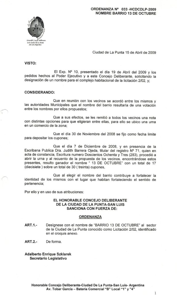 thumbnail of ORDENANZA N°33-VIGENTE-HCDCDLP-2009- NOMBRE BARRIO 13 DE OCTUBRE.