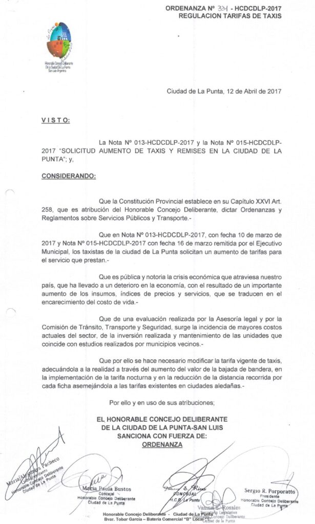 thumbnail of ORDENANZA N°331-NO VIGENTE-HCDCDLP-2017- REGULACION TARIFA DE TAXIS