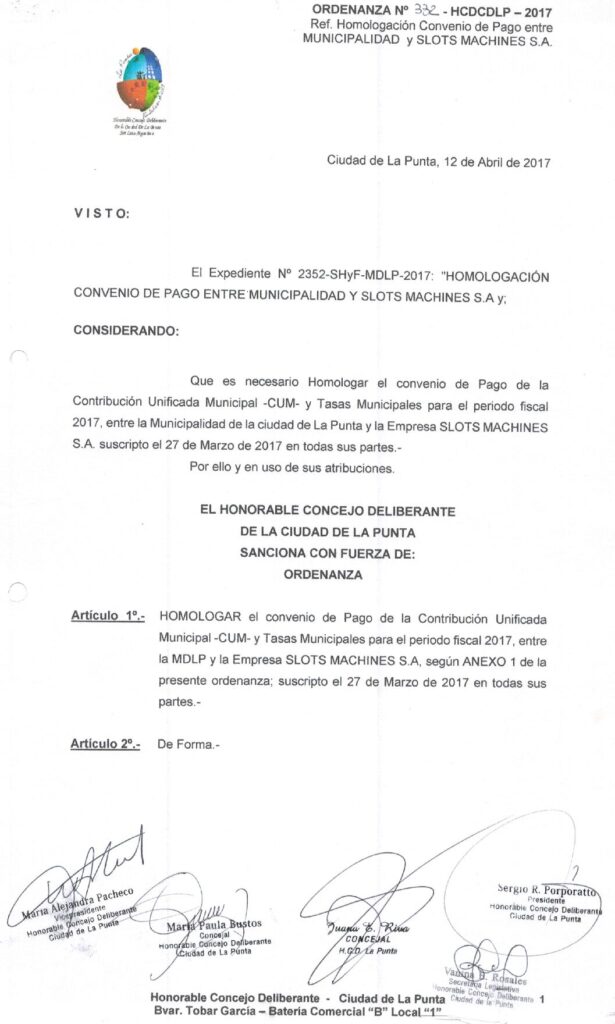 thumbnail of ORDENANZA N°332-NO VIGENTE-HCDCDLP-2017- Ref.HOMOLOGACION CONVENIO DE PAGO ENTRE MUNICIPALIDAD Y SLOTS MACHINES S.A