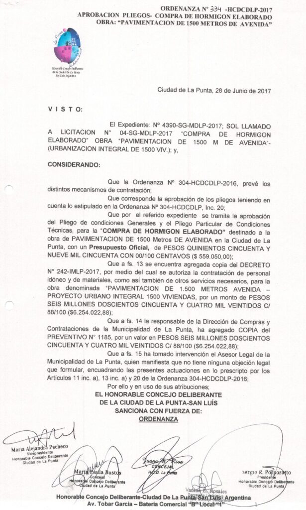 thumbnail of ORDENANZA N°334-NO VIGENTE-HCDCDLP-2017- APROBACION PLIEGOS-COMPRA DE HORMIGON ELABORADO OBRA PAVIMENTACION DE 1500 METROS DE AVENIDA
