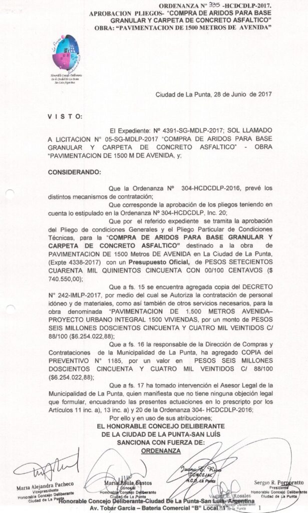 thumbnail of ORDENANZA N°335-NO VIGENTE-HCDCDLP-2017- OBRA PLIEGOS- COMPRA DE ARIDOS PARA BASE GRANULAR Y CARPETA DE CONCRETO ASFALTICO OBRA PAVIMENTACION DE 1500 METROS DE AVENIDA