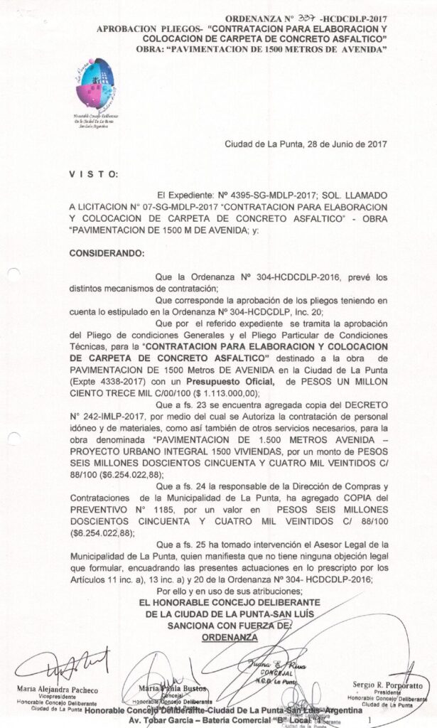 thumbnail of ORDENANZA N°337-NO VIGENTE-HCDCDLP-2017- APROBACION PLIEGOS CONTRATACION PARA ELABORACION Y COLOCACION DE CARPETA DE CONCRETO