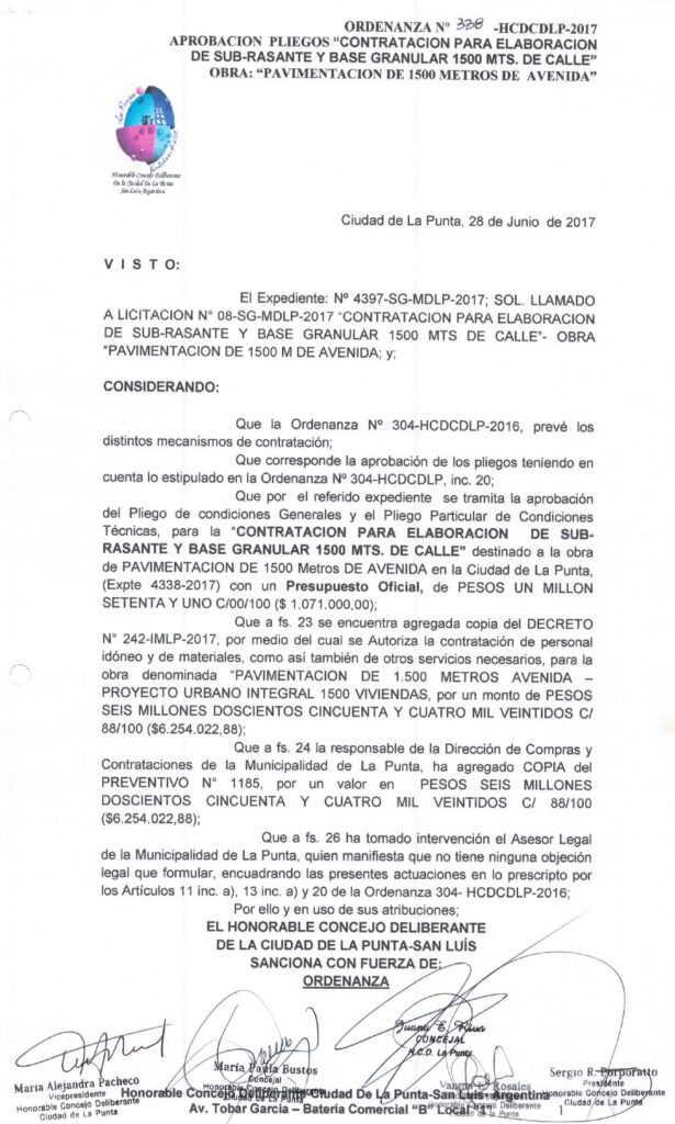 thumbnail of ORDENANZA N°338 -NO VIGENTE-HCDCDLP-2017-APROBACION PLIEGOS CONTRATACION PARA ELABORACION DE SUB-RASANTE Y BASE GRANULAR 1500MTS.