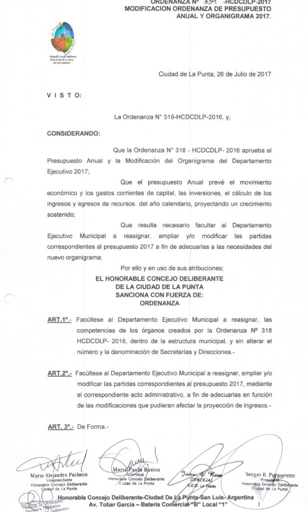 thumbnail of ORDENANZA N°339 -NO VIGENTE-HCDCDLP-2017-MODIFICACION ORDENANZA DE PRESUPUESTO ANUAL Y ORGANIGRAMA 2017