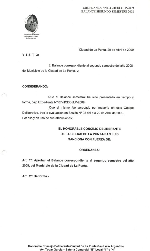 thumbnail of ORDENANZA N°34-NO VIGENTE-HCDCDLP-2009- BALANCE SEGUNDO SEMESTRE 2008.