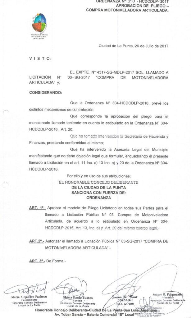 thumbnail of ORDENANZA N°340-NO VIGENTE-HCDCDLP-2017- APROBACION DE PLIEGO- COMPRA DE MOTONIVELADORA ARTICULADA