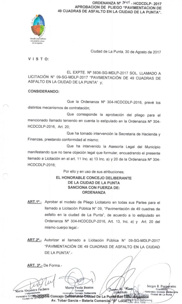 thumbnail of ORDENANZA N°341 -NO VIGENTE-HCDCDLP-2017-APROBACION DE PLIEGO PAVIMENTACION DE 49 CUADRAS DE ASFALTO EN LA CIUDAD DE LA PUNTA