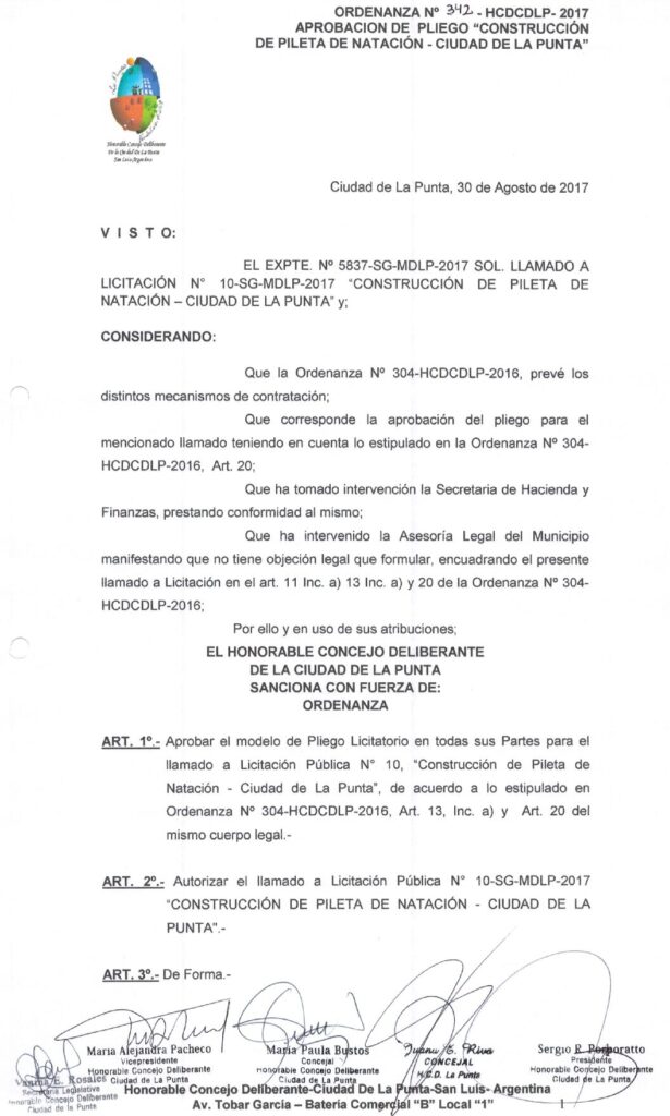 thumbnail of ORDENANZA N°342-NO VIGENTE-HCDCDLP-2017- APROBACION DE PLIEGO CONSTRUCCION DE PILETA DE NATACION-CIUDAD DE LA PUNTA-
