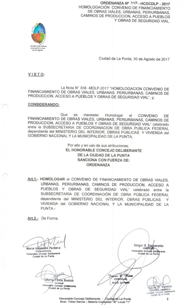 thumbnail of ORDENANZA N°343 HOMOLOGACION CONVENIO DE FINANCIAMIENTO DE OBRAS VIALES, URBANAS, PERIURBANAS, CAMINOS DE PRODUCCION, ACCESO A PUEBLOS Y OBRAS DE SEGURIDAD VIAL