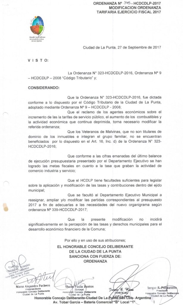 thumbnail of ORDENANZA N°345-NO VIGENTE-HCDCDLP-2017- MODIFICACION ORDENANZA TARIFARIA EJERCICIO FISCAL 2017