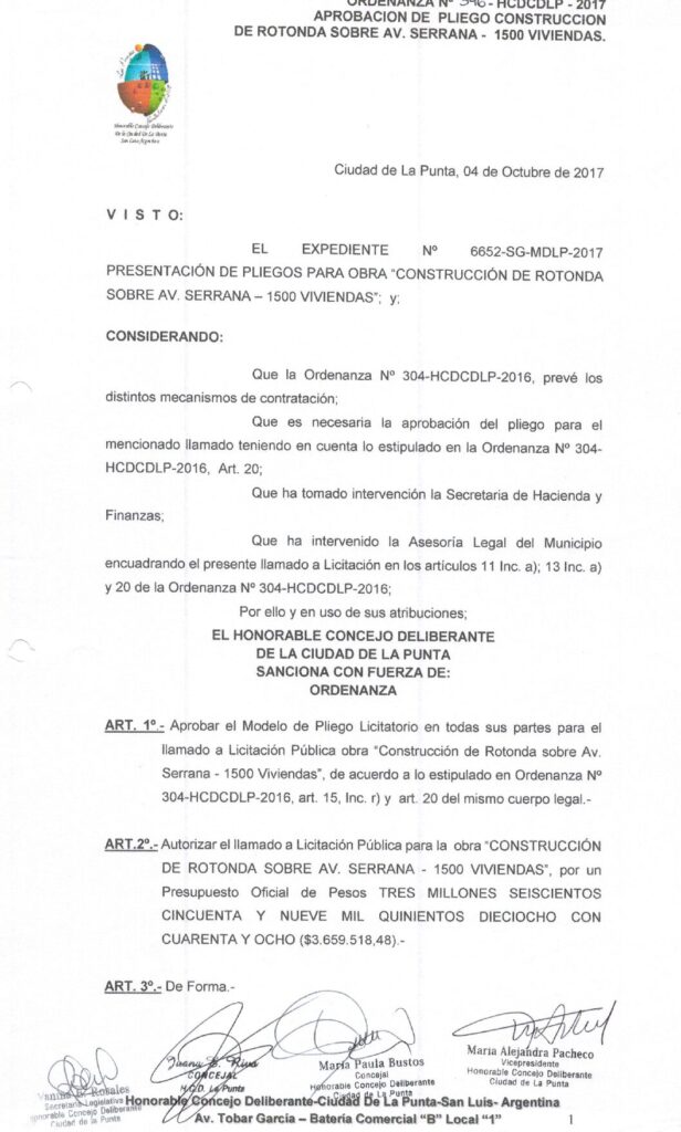 thumbnail of ORDENANZA N°346-NO VIGENTE-HCDCDLP-2017- APROBACION DE PLIEGO CONSTRUCCION DE ROTONDA SOBRE AV. SERRANA-1500 VIVIENDAS