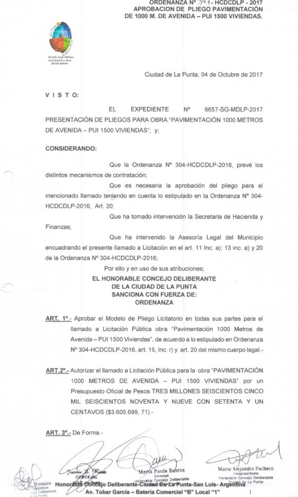 thumbnail of ORDENANZA N°347 -NO VIGENTE-HCDCDLP-2017-APROBACION DE PLIEGO PAVIMENTACION DE 1000 M DE AVENIDA-PUI 1500 VIVIENDAS