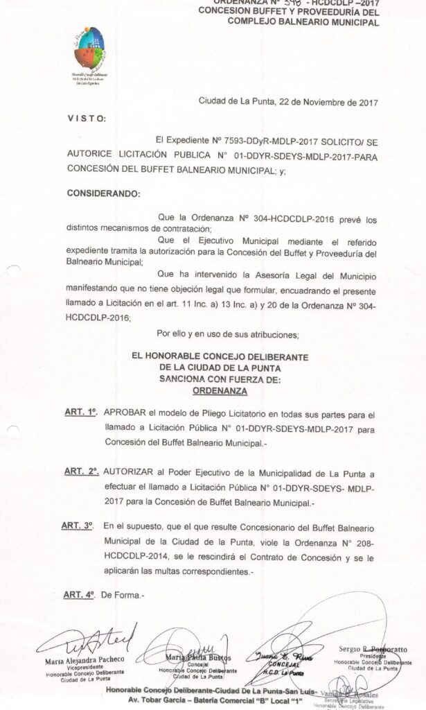 thumbnail of ORDENANZA N°348-NO VIGENTE-HCDCDLP-2017- CONCESION BUFFET Y PROVEEDURIA DEL COMPLEJO BALNEARIO MUNICIPAL