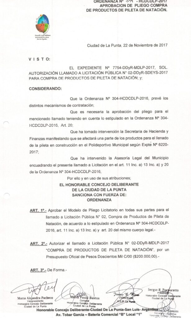 thumbnail of ORDENANZA N°349-NO VIGENTE-HCDCDLP-2017- APROBACION DE PLIEGO COMPRA DE PRODUCTOS DE PILETA DE NATACION.