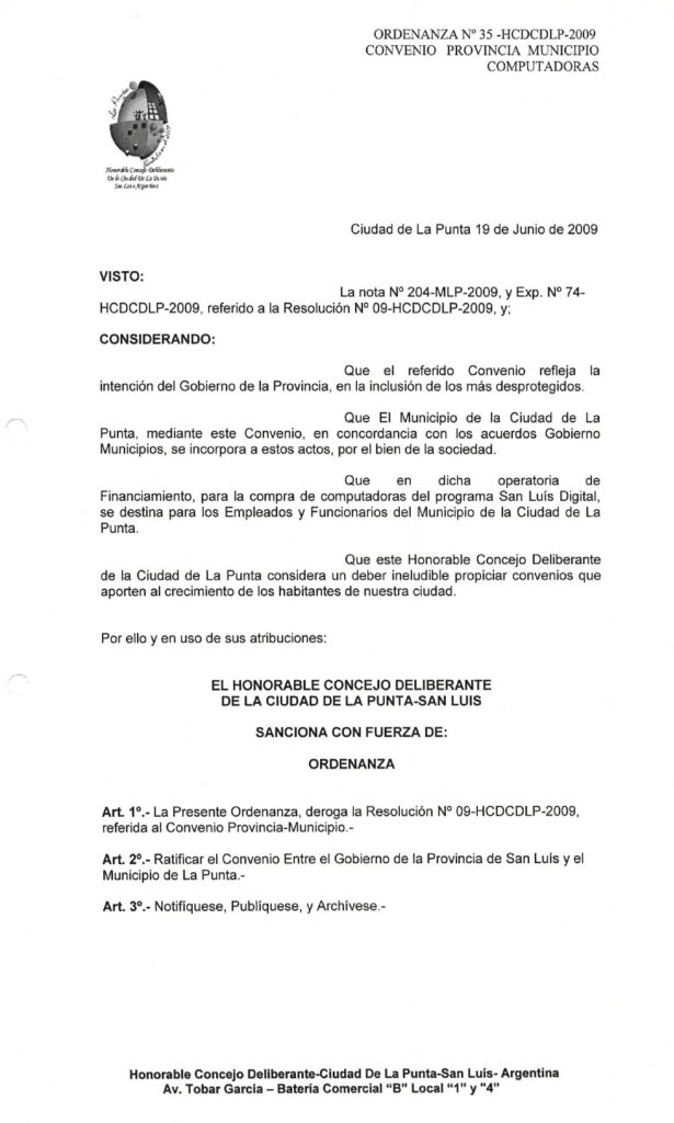 thumbnail of ORDENANZA N°35-NO VIGENTE-HCDCDLP-2009- CONVENIO PROVINCIAL MUNICIPIO COMPUTADORAS.