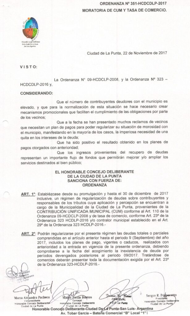 thumbnail of ORDENANZA N°351-NO VIGENTE-HCDCDLP-2017- MORATORIA DE CUM Y TASA DE COMERCIO