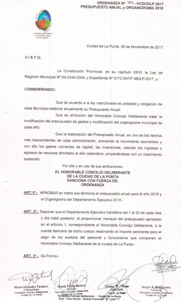 thumbnail of ORDENANZA N°352 -NO VIGENTE-HCDCDLP-2017-PRESUPUESTO ANUAL Y ORGANIGRAMA 2018