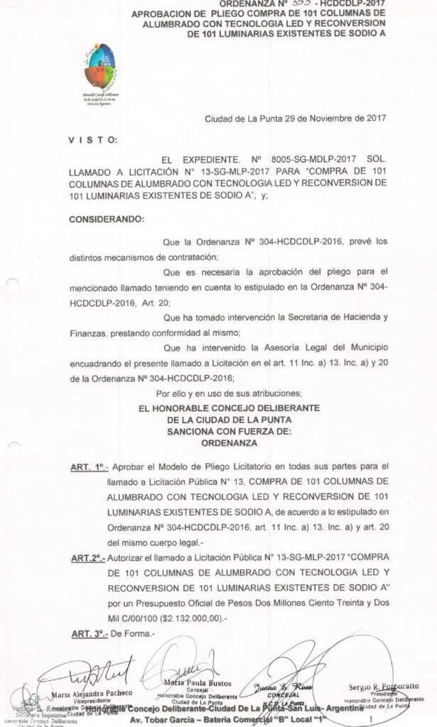 thumbnail of ORDENANZA N°353-NO VIGENTE-HCDCDLP-2017- APROBACION DE PLIEGO COMPRA DE 101 COLUMNAS DE ALUMBRADO CON TECNOLOGIA LED Y RECONVERSION DE 101 LUMINARIAS EXISTENTES DE SODIO A