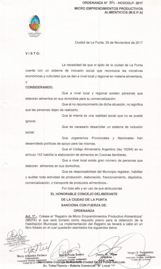 thumbnail of ORDENANZA N°354- VIGENTE-HCDCDLP-2017- MICRO EMPRENDIMIENTOS PRODUCTIVOS ALIMENTICIOS(M.E.P.A)
