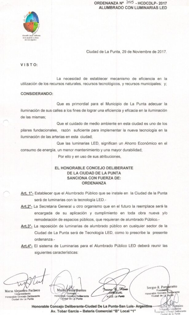 thumbnail of ORDENANZA N°355- VIGENTE-HCDCDLP-2017- ALUMBRADO CON LUMINARIAS LED