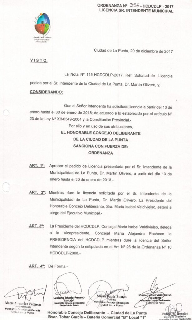 thumbnail of ORDENANZA N°356-NO VIGENTE-HCDCDLP-2017- LICENCIA DEL SR. INTENDENTE MUNICIPAL