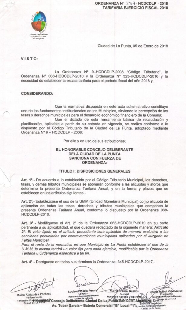 thumbnail of ORDENANZA N°357-NO VIGENTE-HCDCDLP-2018-TARIFARIA EJERCICIO FISCAL 2018