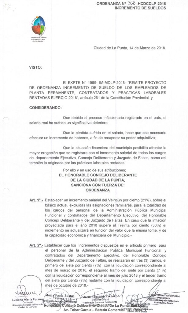 thumbnail of ORDENANZA N°358-NO VIGENTE-HCDCDLP-2018- INCREMENTO DE SUELDOS