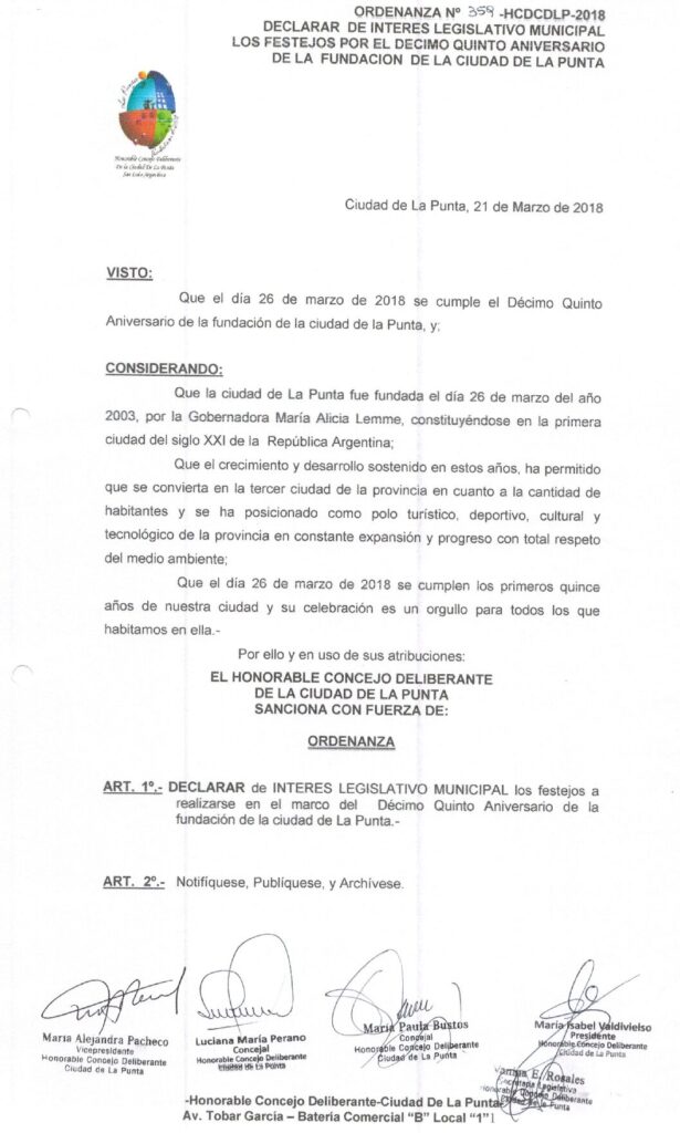 thumbnail of ORDENANZA N°359- VIGENTE-HCDCDLP-2018- DECLARAR DE INTERES LEGISLATIVO MUNICIPAL LOS FESTEJOS POR EL DECIMO QUINTO ANIVERSARIO DE LA FUNDACION DE LA CIUDAD DE LA PUNTA