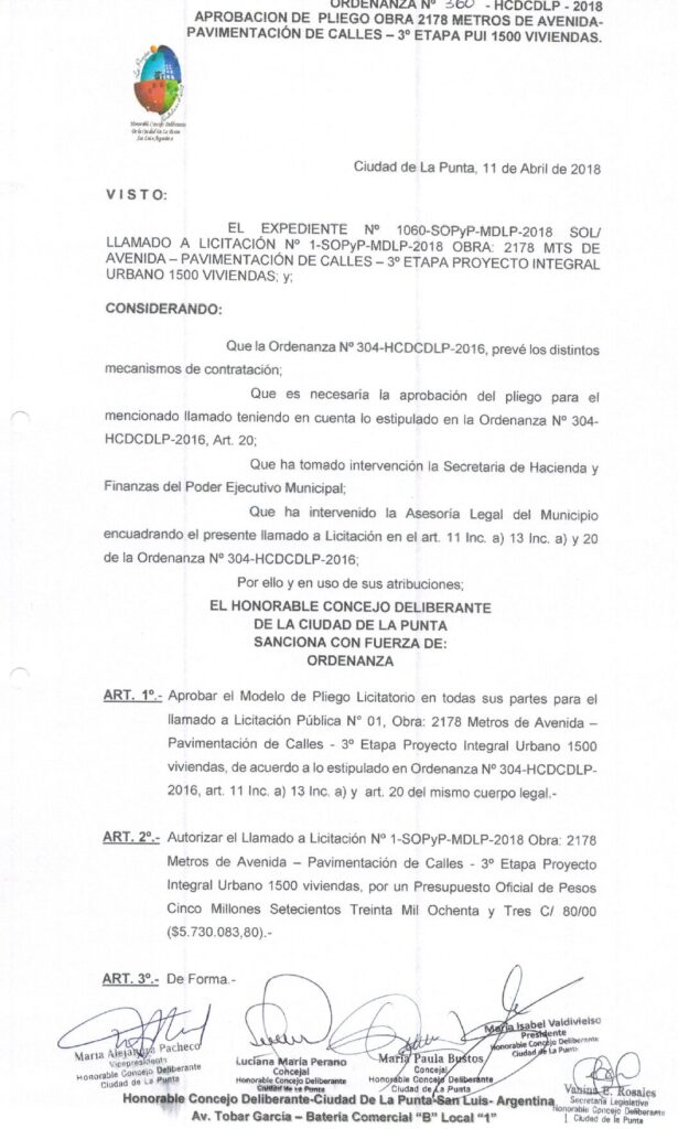 thumbnail of ORDENANZA N°360-NO VIGENTE-HCDCDLP-2018- APROBACION DE PLIEGO OBRA 2178 METROS DE AVENIDA PAVIMENTACION DE CALLES-3°ETAPA PUI 1500 VIVIENDAS