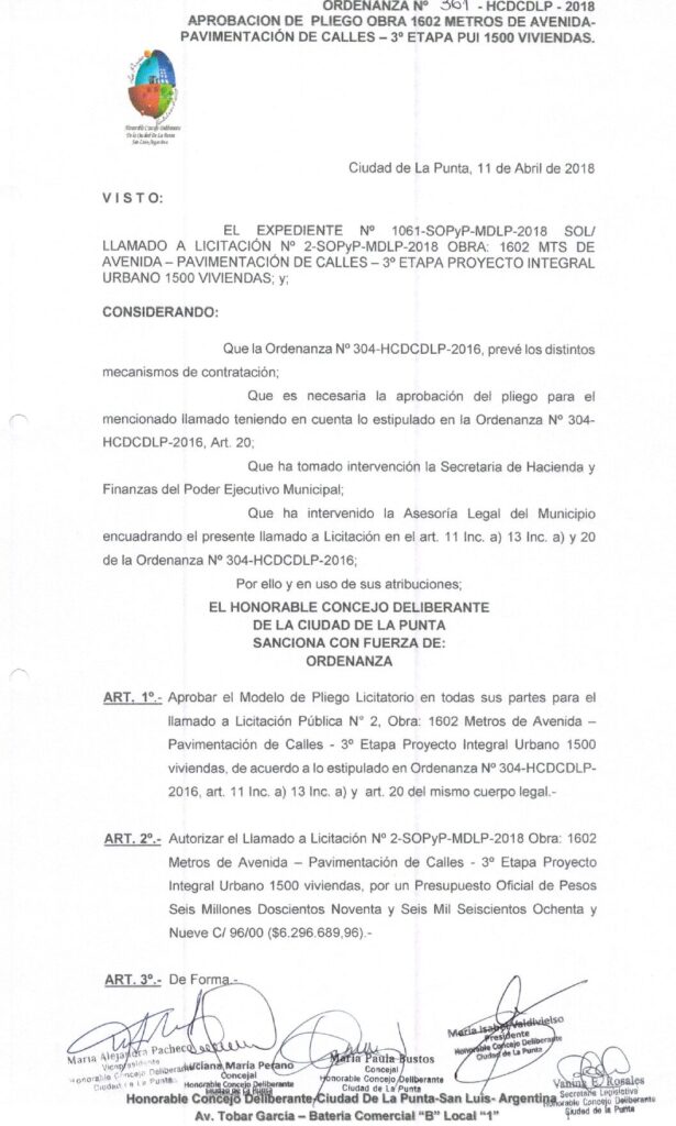thumbnail of ORDENANZA N°361-NO VIGENTE-HCDCDLP-2018- APROBACION DE PLIEGO OBRA 1602 METROS DE AVENIDA PAVIMENTACION DE CALLES-3°ETAPA PUI 1500 VIVIENDAS