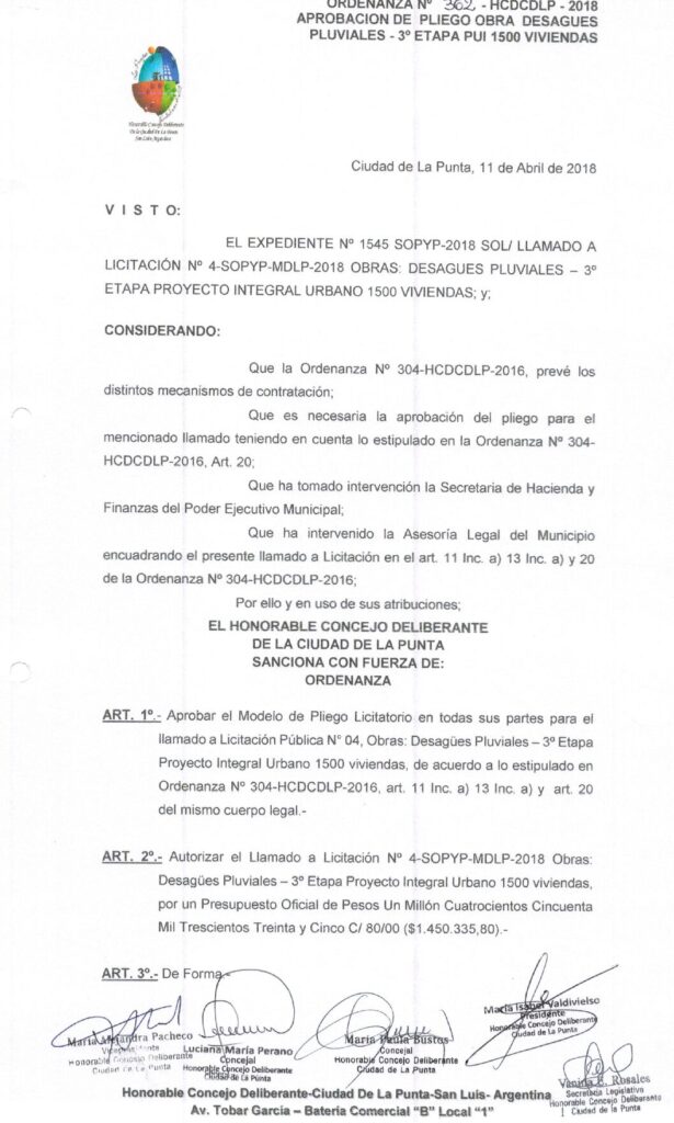 thumbnail of ORDENANZA N°362-NO VIGENTE-HCDCDLP-2018- APROBACION DE PLIEGO OBRA DESAGUES PLUVIALES-3°ETAPA PUI 1500 VIVIENDAS